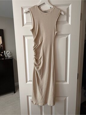 Zara Sleeveless Beige Ruched Midi Dress
